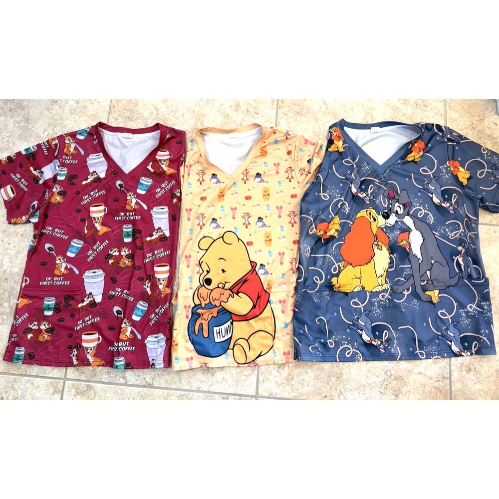 LOT OF 3 MEDICAL SCRUBS TOPS SIZE XL LADY & TRAMP POOH CHIP DALE UNIFORMS